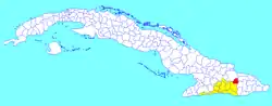 Segundo Frente municipality (red) within  Santiago Province (yellow) and Cuba