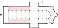 The nave-aisles in this plan view of a cathedral are shaded pink; the arcade pillars are black dots