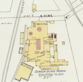 diagram of the Seneca glass works in Fostoria showing a factory with B&O Railroad access