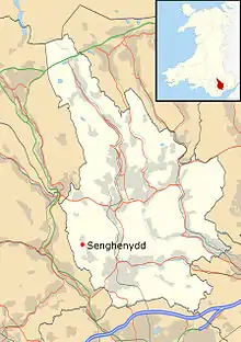 Map of Wales, showing the position of Senghenydd toward the south of the country.