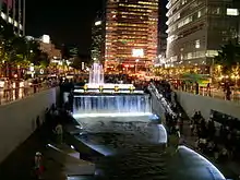 Cheonggyecheon stream at night in downtown Seoul