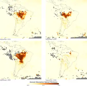 Aerosols over the Amazon each September for four burning seasons (2005 through 2008). The aerosol scale (yellow to dark reddish-brown) indicates the relative amount of particles that absorb sunlight.