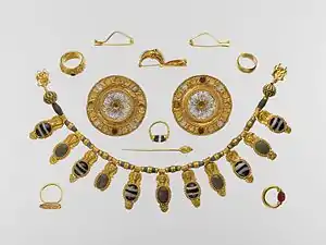 The Vulci set of jewelry; early 5th century; gold, glass, rock crystal, agate and carnelian; various dimensions; Metropolitan Museum of Art