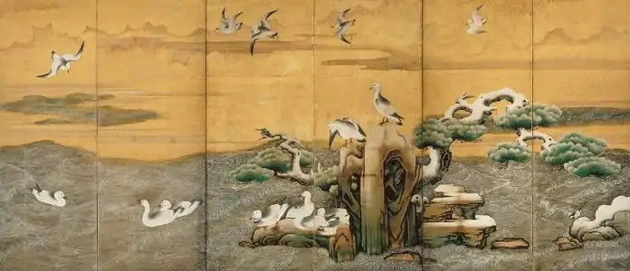 Waterfowl of the Winter Beach. Folding screen, right panel. 1629. Important Cultural Property