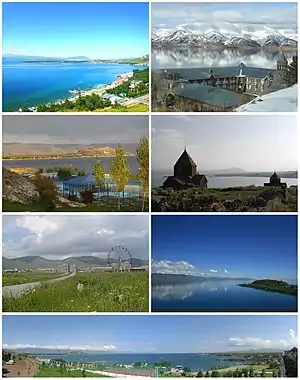 From top left:Sevan landscape • Vaskenian Theological AcademySevan peninsula • Sevan MonasterySevan skyline • Lake SevanPanoramic view of Sevan beach