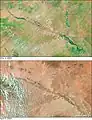 Satellite pictures showing the Shebelle valley in southern Somalia and Ethiopia before and during floods in 2005