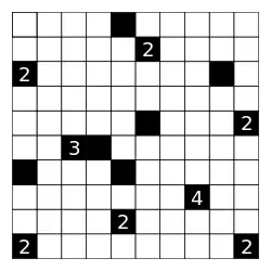 An eight-by-eight Shakashaka puzzle grid. Some of the spaces are pre-filled with black squares (some of which contain numbers); others are blank spaces to be filled with triangles.