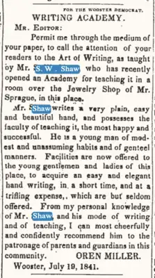 1841 announcement of a Writing Academy opened by S. W. Shaw in Wooster, Ohio.