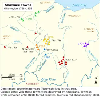 Shawnees retreat further from the Ohio River as towns are destroyed in American raids.