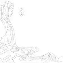 A black outline drawing of a woman sitting down wearing headphones, against a white background.