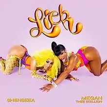 A portrait of Shenseea and Megan Thee Stallion on their hands and knees, in front of a hot pink background. Both are dressed in yellow, orange, and purple. Their mouths are open, and Megan's tongue is out. The word "Lick" is written at the top in orange cursive font, and the artist names are in orange all-caps at the bottom.