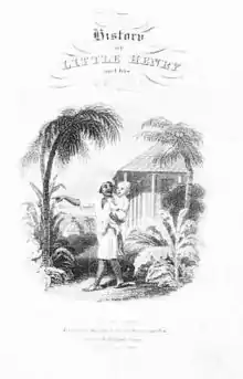 Indian man is holding a white boy in his arms and pointing to something. They are standing in front of palm trees and a hut.