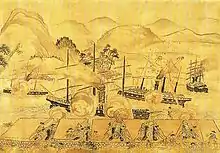 Japanese cannons shooting on Foreign shipping at Shimonoseki in 1863