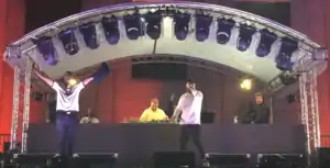 Showtek (Wouter behind the decks; Sjoerd right sided) and singer GC playing live at Airbeat One Festival 2017.