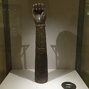 Shrine of Saint Lachtin's Arm, c. 1118–1121.  A reliquary made of wood and metal shaped as an outstretched forearm and clenched fist.