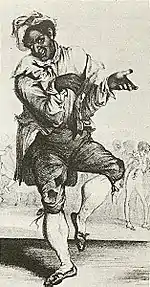 Drawing of a man in blackface make-up wearing raggedy clothes and white stockings, dancing a jig with an exaggerated facial expression.