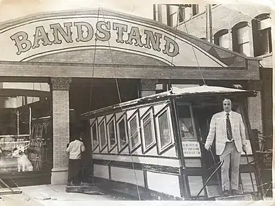 Sid Kastner standing on Sinai in front of "The Bandstand" where the two funicular cars were stored, 1969