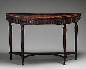 Side table with many acanthus leafs and two bucrania; by Robert Adam; c.1780 with later addition; mahogany; overall: 88.6 × 141.3 × 57.1 cm; Metropolitan Museum of Art