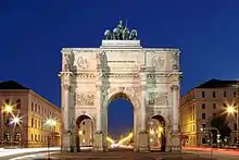 The Siegestor in Munich, Germany, a Bavarian army monument, destroyed in World War II but partially rebuilt as a reminder for peace