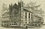 First Masonic Temple at Tremont St. and Temple Place, Boston, 1856. St. Paul's Church is on the left.