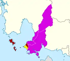 Sihanoukville city's urban area (yellow)in Sihanoukville Municipality (red)and Sihanoukville Province (purple)