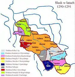 Silesia duchies in 1290-91:Teschen under Mieszko I in yellow