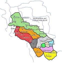 Silesian duchies in 1309–11, Oświęcim before its separation from the Duchy of Teschen (yellow)