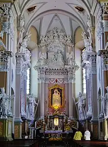 Interior of the Basilica of the Nativity of the Blessed Virgin Mary (built in 1760–1772) in Šiluva with the Our Lady of Šiluva in the main altar