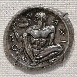 Silenus holding a kantharos on a tetradrachm from Naxos, Sicily, 461–450 BC