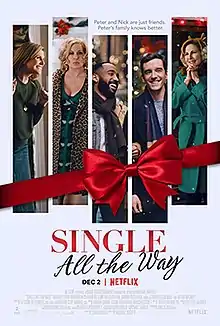 Poster depicting a red Christmas ribbon tied around images of the main characters