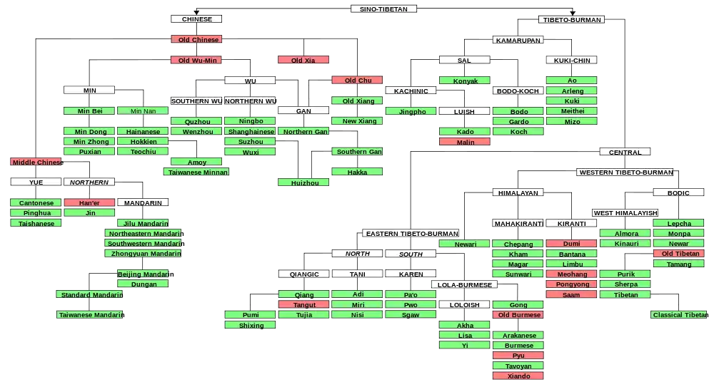 Part of the Sino-Tibetan language family, largely following Thurgood and La Polla (2003)..mw-parser-output cite.citation{font-style:inherit;word-wrap:break-word}.mw-parser-output .citation q{quotes:"\"""\"""'""'"}.mw-parser-output .citation:target{background-color:rgba(0,127,255,0.133)}.mw-parser-output .id-lock-free a,.mw-parser-output .citation .cs1-lock-free a{background:url("//upload.wikimedia.org/wikipedia/commons/6/65/Lock-green.svg")right 0.1em center/9px no-repeat}.mw-parser-output .id-lock-limited a,.mw-parser-output .id-lock-registration a,.mw-parser-output .citation .cs1-lock-limited a,.mw-parser-output .citation .cs1-lock-registration a{background:url("//upload.wikimedia.org/wikipedia/commons/d/d6/Lock-gray-alt-2.svg")right 0.1em center/9px no-repeat}.mw-parser-output .id-lock-subscription a,.mw-parser-output .citation .cs1-lock-subscription a{background:url("//upload.wikimedia.org/wikipedia/commons/a/aa/Lock-red-alt-2.svg")right 0.1em center/9px no-repeat}.mw-parser-output .cs1-ws-icon a{background:url("//upload.wikimedia.org/wikipedia/commons/4/4c/Wikisource-logo.svg")right 0.1em center/12px no-repeat}.mw-parser-output .cs1-code{color:inherit;background:inherit;border:none;padding:inherit}.mw-parser-output .cs1-hidden-error{display:none;color:#d33}.mw-parser-output .cs1-visible-error{color:#d33}.mw-parser-output .cs1-maint{display:none;color:#3a3;margin-left:0.3em}.mw-parser-output .cs1-format{font-size:95%}.mw-parser-output .cs1-kern-left{padding-left:0.2em}.mw-parser-output .cs1-kern-right{padding-right:0.2em}.mw-parser-output .citation .mw-selflink{font-weight:inherit}Thurgood, Graham; LaPolla, Randy J. (ed.s) (2003). Sino-Tibetan Languages. London: Routledge. ISBN 0-7007-1129-5. Here, the Monpa and Lepcha languages are shown as sister languages to Old Tibetan (all are grouped into the Bodic languages).