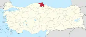 Sinop highlighted in red on a beige political map of Turkeym