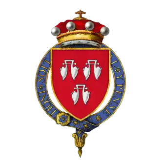 Coat of arms, with a red shield and a blue crown