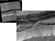 Sirenum Fossae layers, as seen by HiRISE.  Scale bar is 500 meters long.