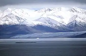 Snow-covered mountains and ice-covered sea
