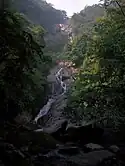 View of all cascades of Siruvani falls above the bathing area