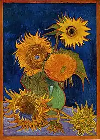 Sunflowers (F459), second version: royal-blue backgroundOil on canvas, 98 × 69 cmFormerly private collection, Ashiya, Japan, destroyed by US air raid of World War II on 6 August 1945