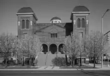 A black and white photograph of the Sixteenth Street Baptist Church in Birmingham, Alabama