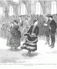 A woman in skates, and a pair of women skaters are skating in front of two men, presumably judges. In the background, off the ice is a large group of spectators.