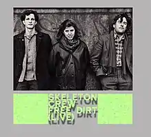 A black-and-white photograph of Tom Cora, Zeena Parkins and Fred Frith standing next to each other in front of a wall with the lettering "Skeleton Crew Free Dirt (Live)" below it