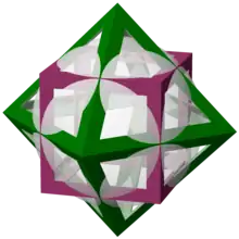 An outlined magenta cube and green octahedron, arranged so that each cube edge crosses an octahedron edge at the midpoint of both edges. A translucent sphere, concentric with the cube and octahedron, passes through all of the crossing points.