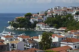 View of the harbour of Skiathos (town)