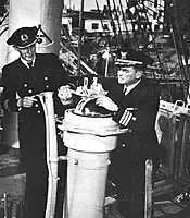 KptLt Berthold Schnibbe (left) with CDR Gordon P. McGowan in Bremerhaven, 1946