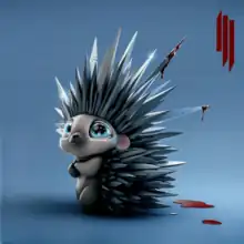 An animated hedgehog with sharp metal quills covered in blood, with Skrillex's 'ill' logo in the upper right corner