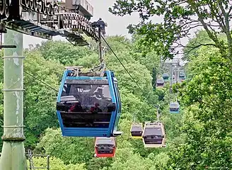 Skyride, a 10 seater detachable gondola lift built in 1987 at Alton Towers, UK.
