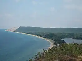 Lake Michigan (left), Sleeping Bear Dunes, and South Bar Lake (right) from Empire Bluffs