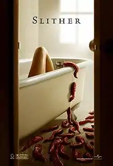 A white bathtub with a leg partly visible. On the floor and crawling up the side of the bathtub are many red slug like creatures.