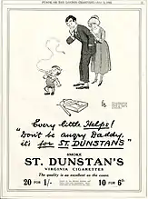 In a 1922 ad, a small child, smoking a cigarette, tells his amused parents not to worry, as he is smoking for a veteran's charity. Children were often used in early cigarette ads, where they helped normalize smoking as part of family living, and gave associations of purity, vibrancy, and life.