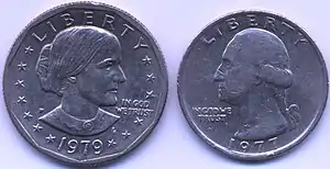 Two coins being shown together as a comparison of their size
