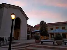 Open courtyard of the Smith Campus Center at sunset